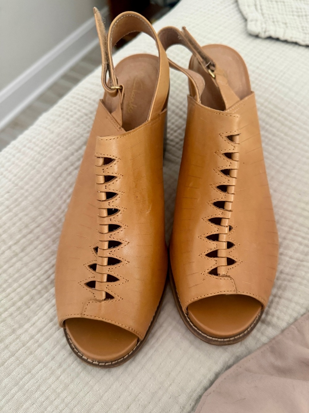 Clarks Tan Leather Peep-Toe Slingback Sandals